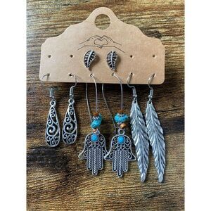 Hypoallergenic Turquoise and Bronze Silver Boho Earring Set feather